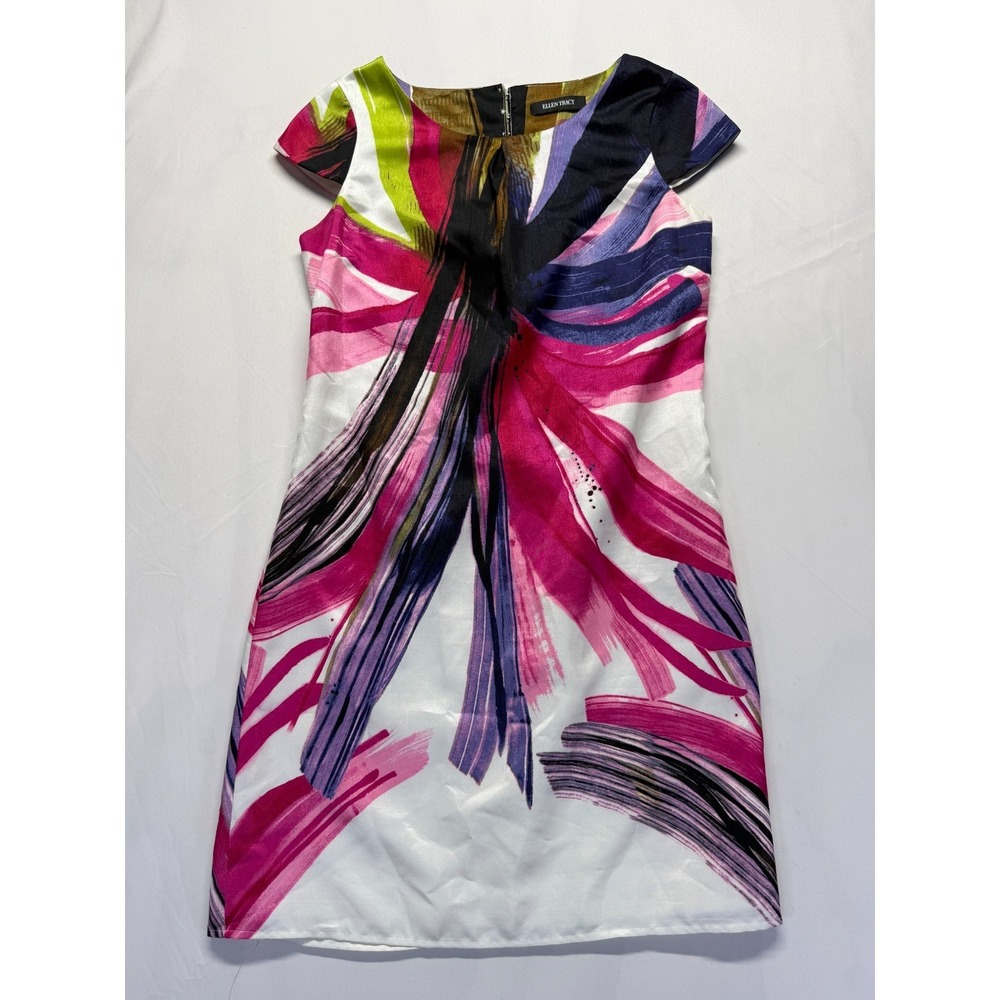 Ellen Tracy Sheath Dress Womens 6 Multi Abstract Brushstroke Print Cap Sleeve